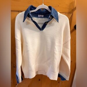 Pink Lily Cream V-Neck Sweater with Attached Denim Collar